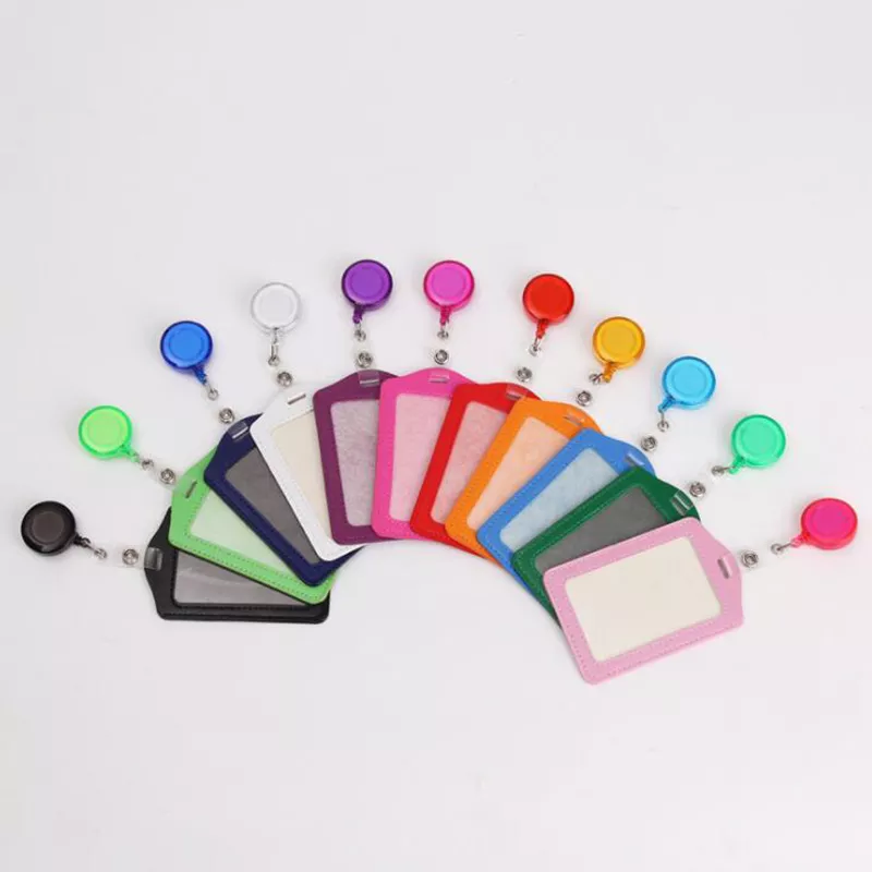 Women Men Student Retractable Badge Reel ID Card Holder Cover Case Nurse Badge Lanyards Fashion PU Leather Card Holders Set