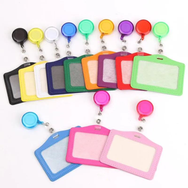 Women Men Student Retractable Badge Reel ID Card Holder Cover Case Nurse Badge Lanyards Fashion PU Leather Card Holders Set