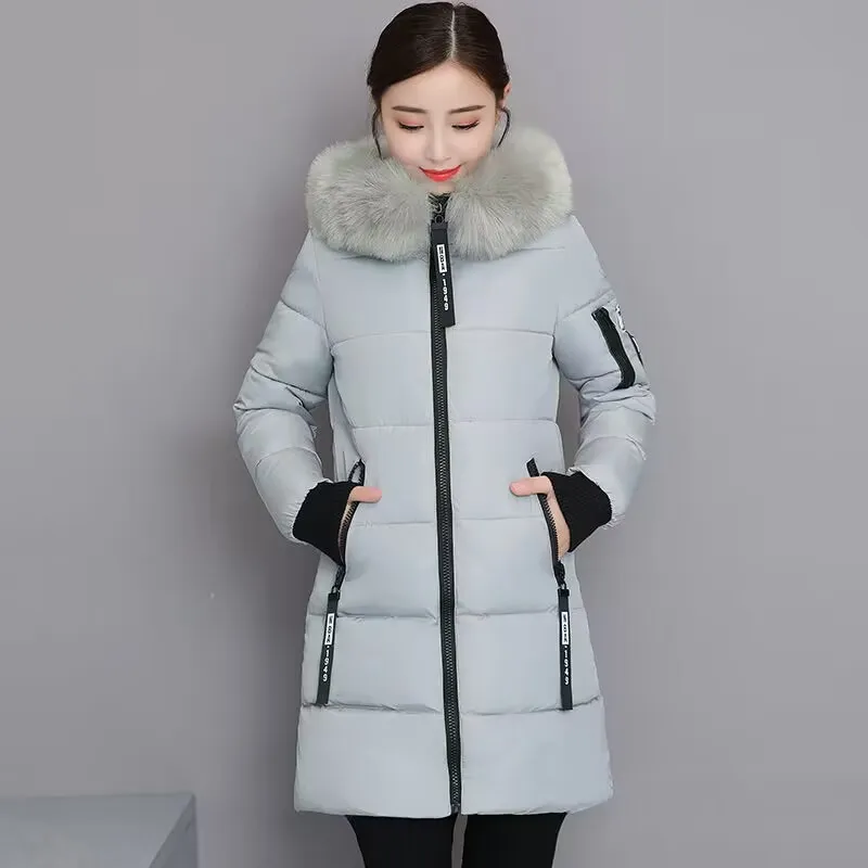 Winter Jacket 2023 Korean Women Parka Big Fur Collar Hooded Thick Warm Long Female Coat Casual Outwear Down Cotton Jacket Parkas