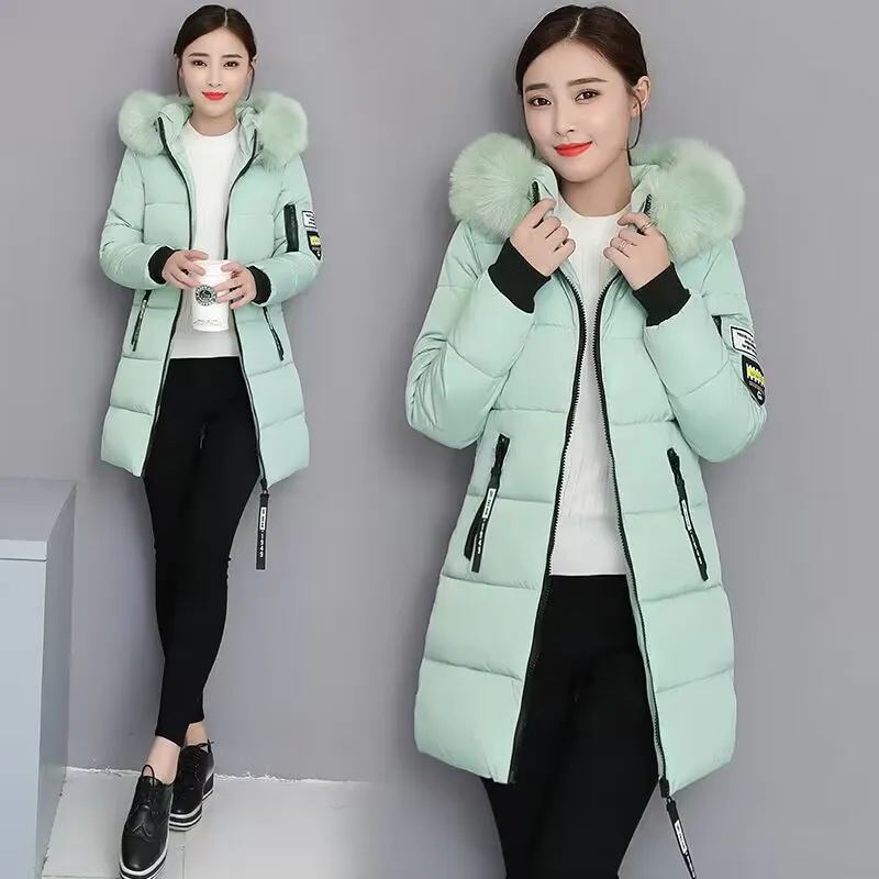 Winter Jacket 2023 Korean Women Parka Big Fur Collar Hooded Thick Warm Long Female Coat Casual Outwear Down Cotton Jacket Parkas
