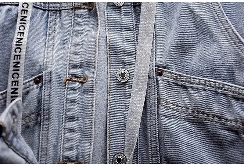 Blue Deconstructable Hooded Turn-down Collar Denim Jacket Women Loose Button Patchwork Outwear Jean Coat Female
