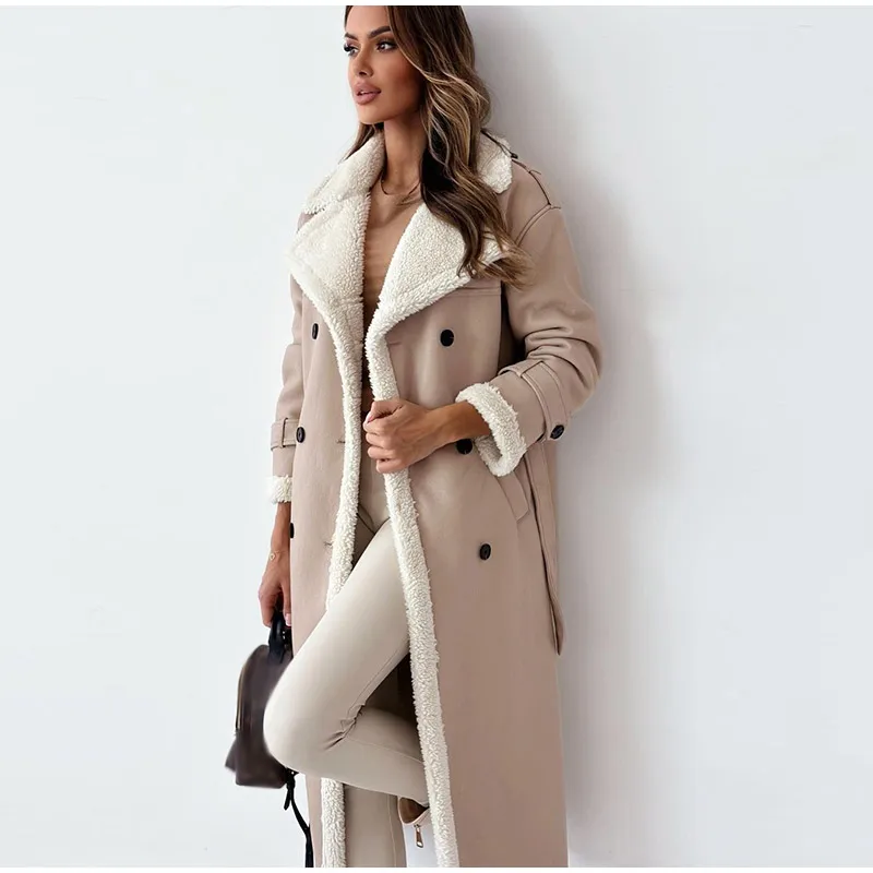 Fur Leather Long Jacket Women Belt Lambswool Long Sleeve Turndown Collar Pocket Female Coat 2023 Autumn Winter Lady Overcoat