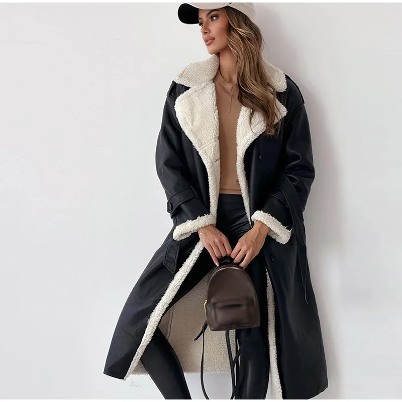 Fur Leather Long Jacket Women Belt Lambswool Long Sleeve Turndown Collar Pocket Female Coat 2023 Autumn Winter Lady Overcoat