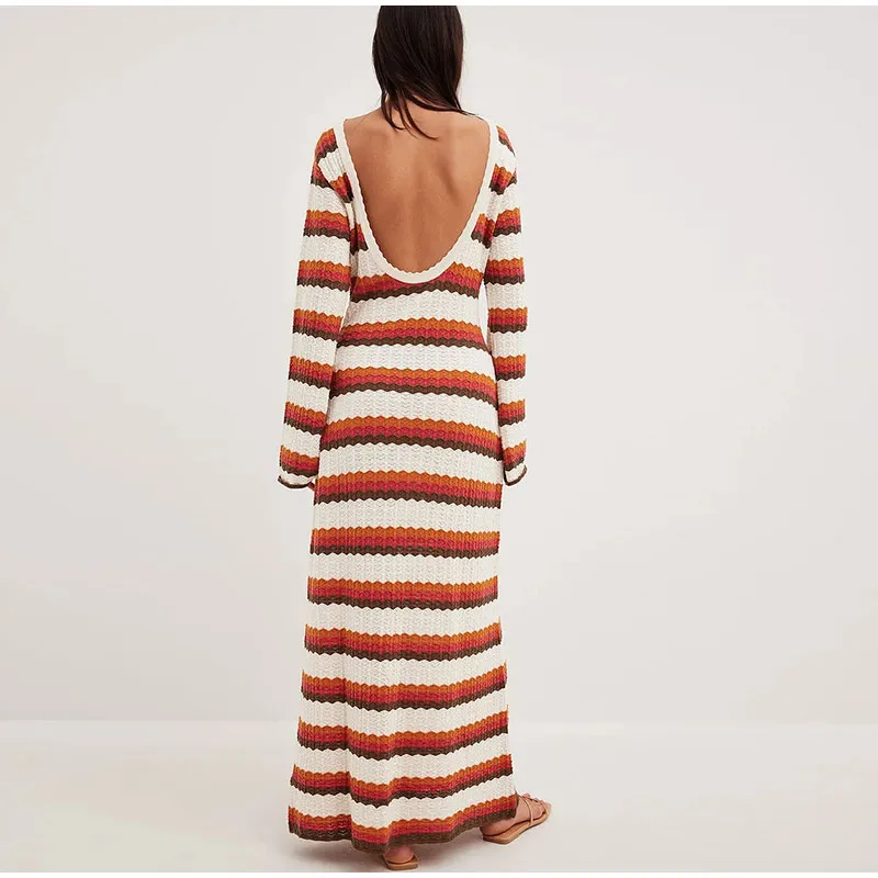 Women Elegant Striped Backless Knitted Maxi Dress Female Flare Long Sleeve O Neck Dresses 2023 Summer Female Street Vestidos