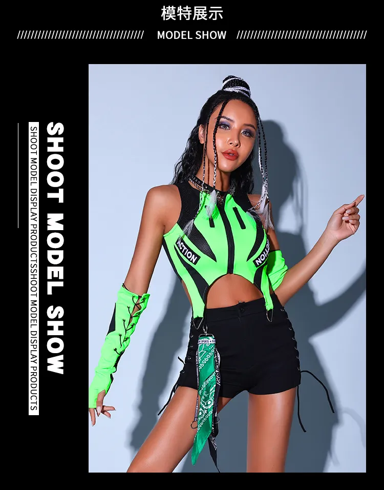 2023 New Fluorescent Green Tops Black Shorts Kpop Outfits For Girls Group Jazz Dance Costumes Pole Dance Rave Clothes DQS12772