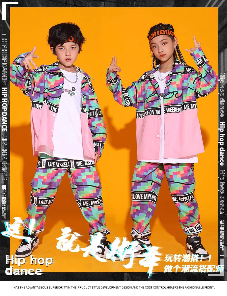 Kid Cool Hip Hop Clothing Checkered Pink Shirt Top Print Casual Street Jogger Pants for Girl Boy Jazz Dance Costume Clothes Set