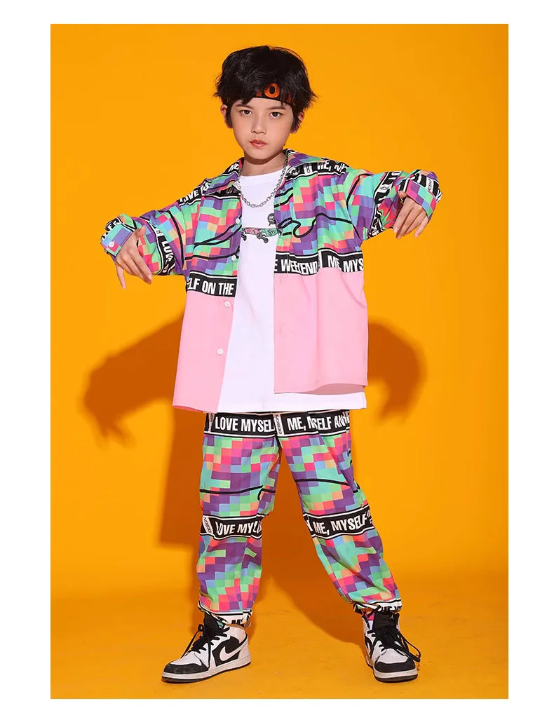 Kid Cool Hip Hop Clothing Checkered Pink Shirt Top Print Casual Street Jogger Pants for Girl Boy Jazz Dance Costume Clothes Set