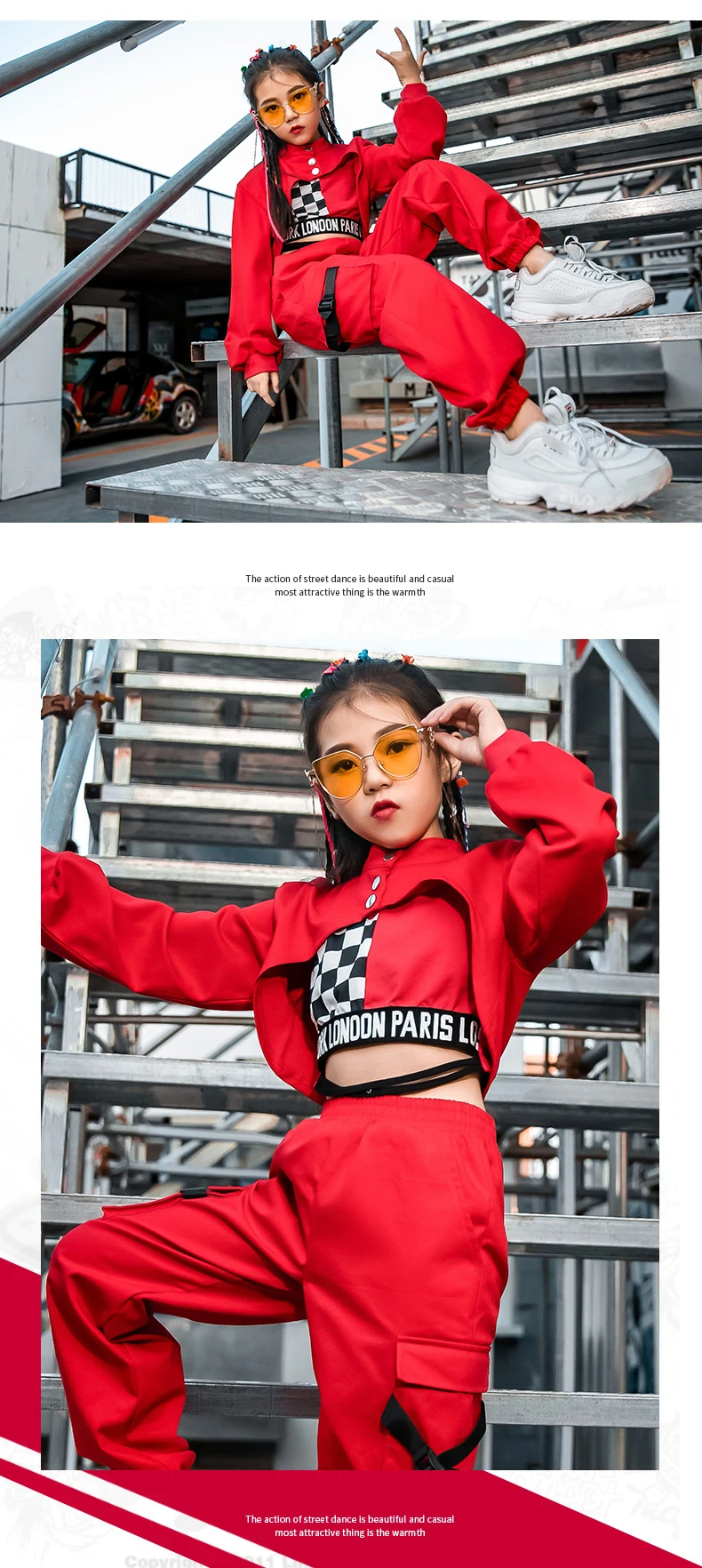 Winter Long Sleeve Red Tops Pants Vest Stage Perform Drum Hip Hop Clothing Girls Street Dance Wear Clothes Jazz Dancing Costumes