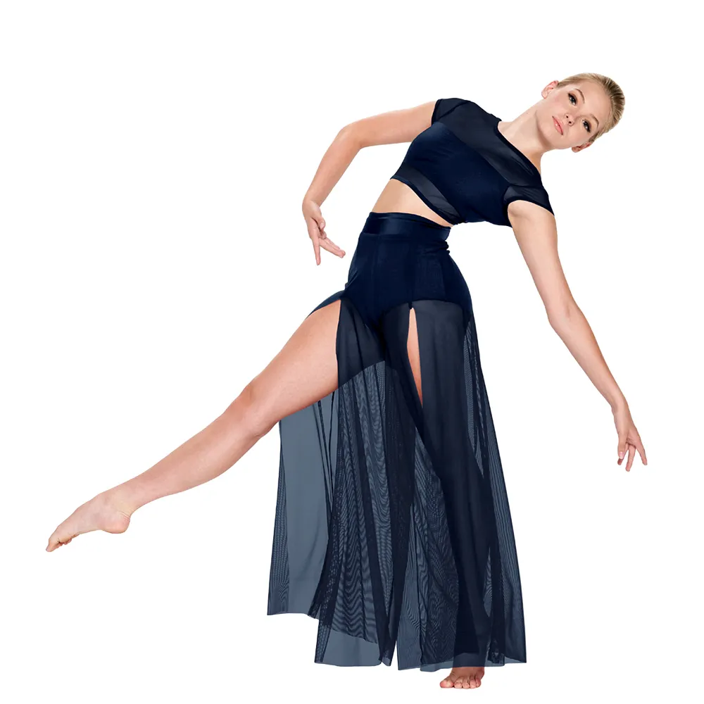 MiDee Modern Ballet Dance for Women Mesh Top Wide Leg Pants Attached 2 Piece Lyrical Outfits Ballerina Girl Kids Stage Costume