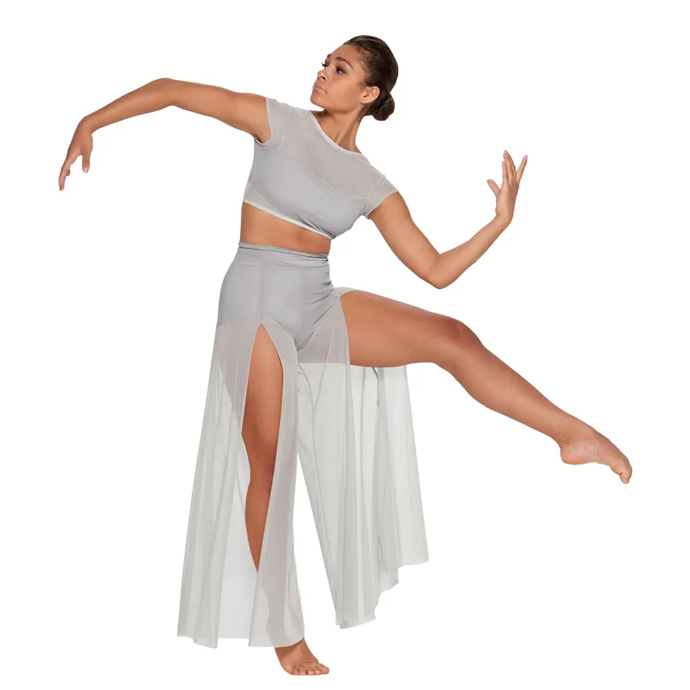 MiDee Modern Ballet Dance for Women Mesh Top Wide Leg Pants Attached 2 Piece Lyrical Outfits Ballerina Girl Kids Stage Costume