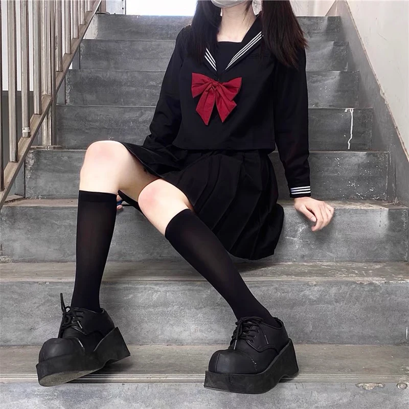 Japanese School Uniforms Style S-2xl Student Girls Navy Costume Women Sexy Black JK Suit Sailor Blouse Pleated Skirt Set