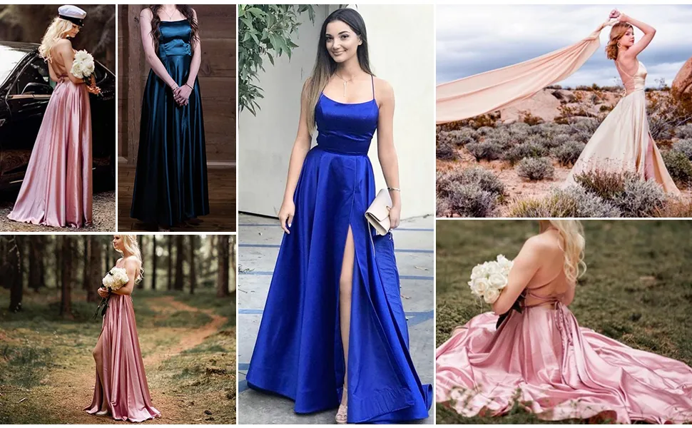 Ladies Blue A-line Long Satin Evening Dresses For Women 2023 Simple Spaghetti Straps Sexy Slit Wedding Prom Party Gowns Vestidos