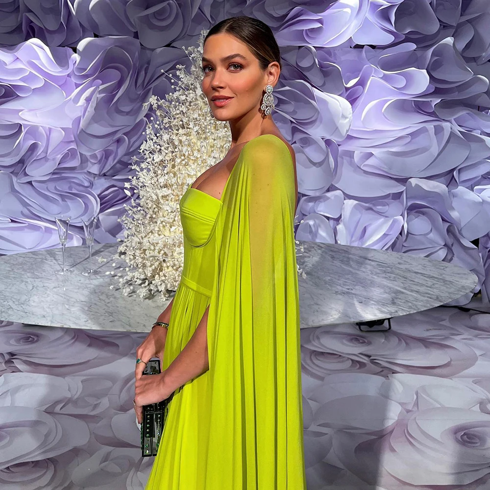 Sharon Said Saudi Arabic Lemon Yellow Dubai Evening Dresses with Cape Sleeves Elegant Women Wedding Party Formal Gowns SF076