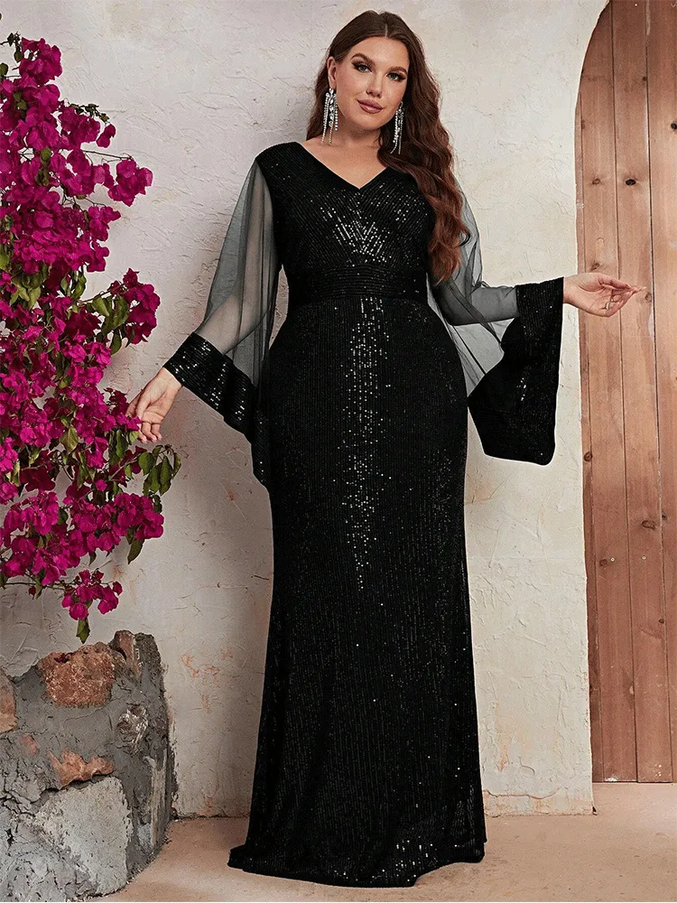 Plus Size V Neck Sequin Fashion Floor Maxi Evening Gown Big Size Long Sleeve Mesh Wedding Sequin Loose Dress for Women