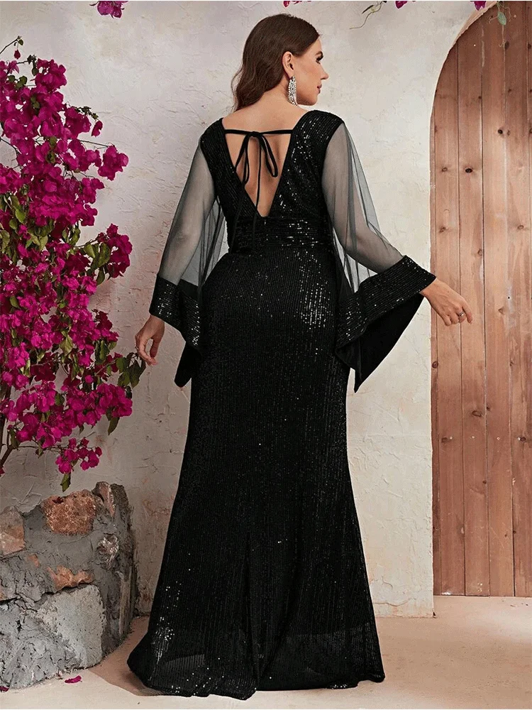 Plus Size V Neck Sequin Fashion Floor Maxi Evening Gown Big Size Long Sleeve Mesh Wedding Sequin Loose Dress for Women