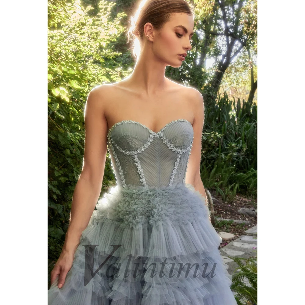 Charming Blue Sweetheart Flower Pearls Evening Dress Tiered Pleat Tulle Made To Order Vestidos Robes De Soirée Formal Prom
