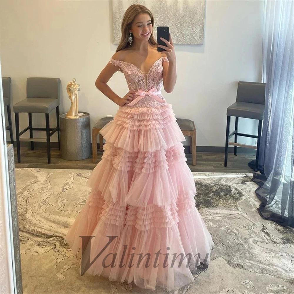 Charming Blue Sweetheart Flower Pearls Evening Dress Tiered Pleat Tulle Made To Order Vestidos Robes De Soirée Formal Prom