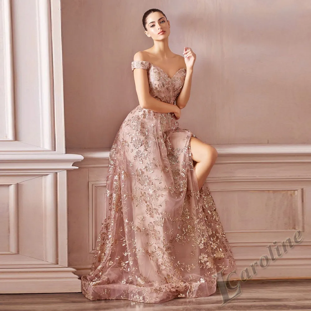 Caroline Elegant Off Shoulder Evening Dress V-neck Glitter Sequin A-line Side Split Floor Length Prom Gowns Party Custom Made