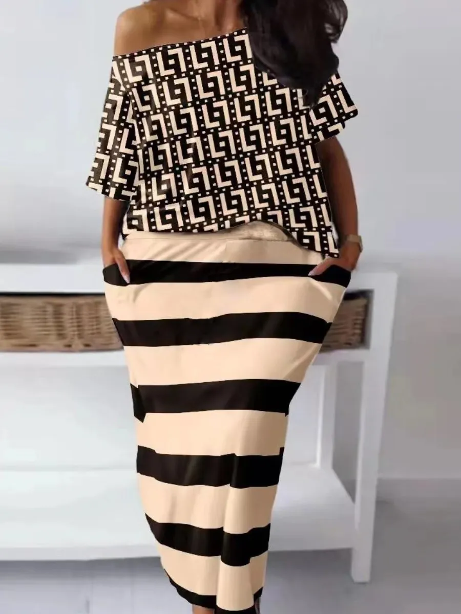 LW Plus Size Geometric Print Striped Pocket Design Skirt Set matching sets Two Piece dress sets Summer Tops+Bottoms Matching set