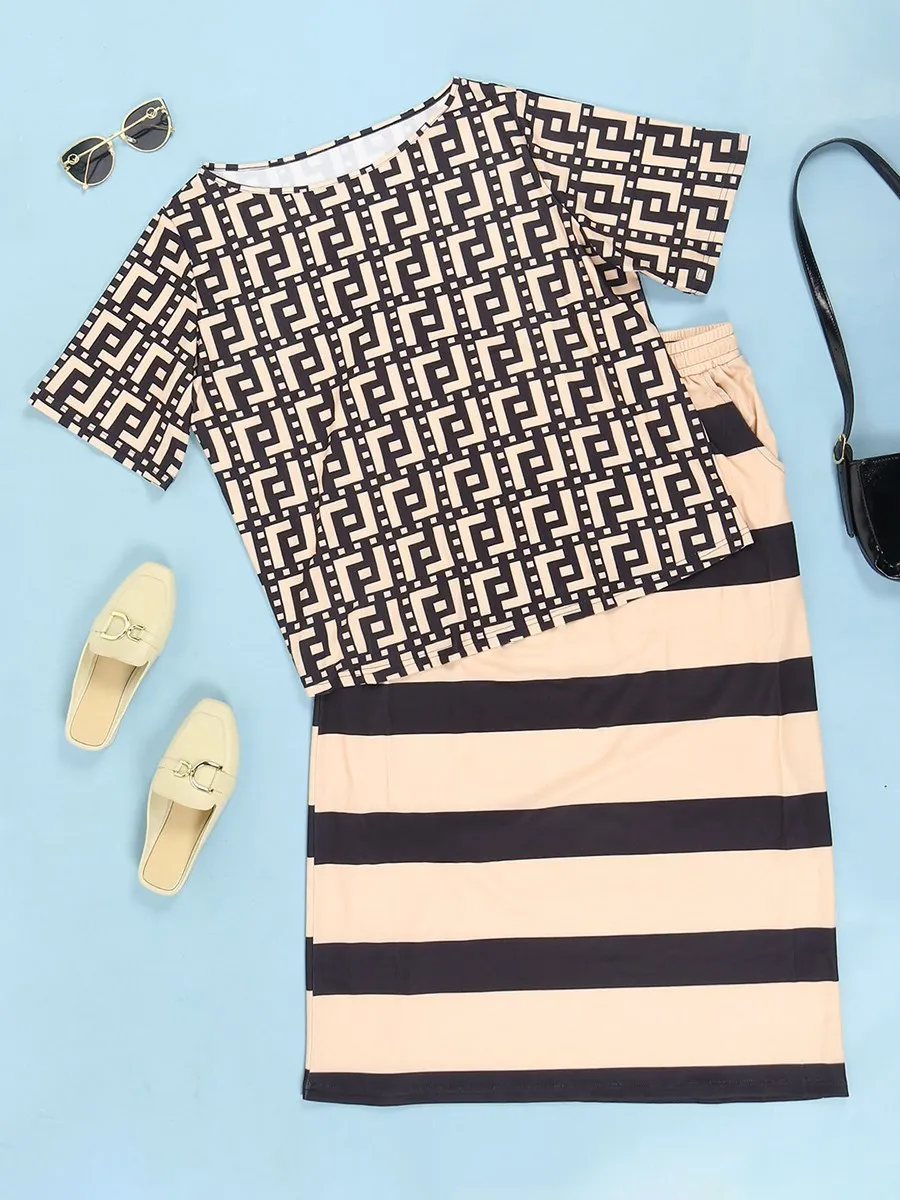 LW Plus Size Geometric Print Striped Pocket Design Skirt Set matching sets Two Piece dress sets Summer Tops+Bottoms Matching set