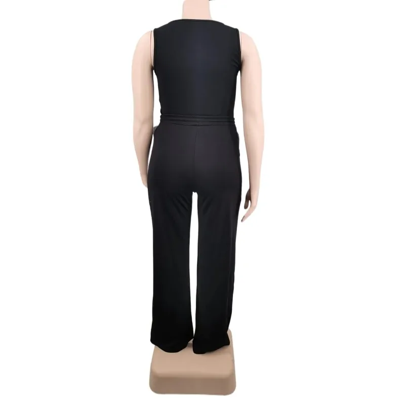 WSFEC XL-5XL Summer 2023 Women Clothing Plus Size Matching Sets Solid Sleeveless Hole Wide Pant Suits Two Piece Sets Outfits