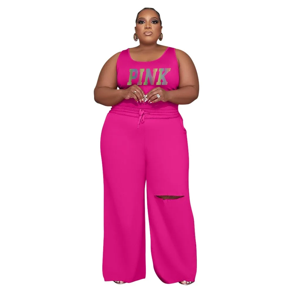 WSFEC XL-5XL Summer 2023 Women Clothing Plus Size Matching Sets Solid Sleeveless Hole Wide Pant Suits Two Piece Sets Outfits