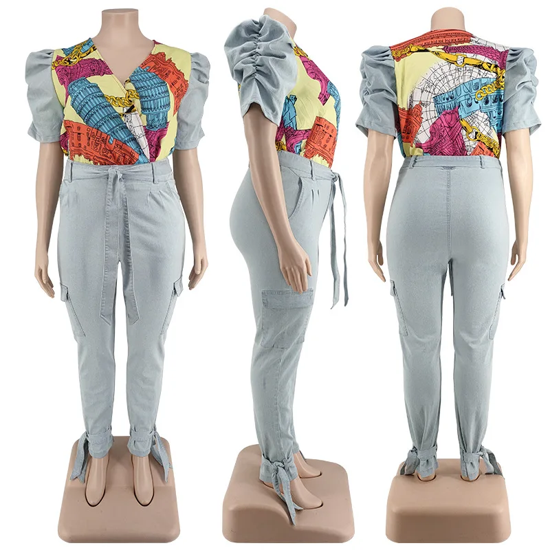 5XL Plus Size Womens Sets Denim Street Two Piece Set Puff Sleeve Patchwork Print Top and Jeans Matching Suit Wholesale Items