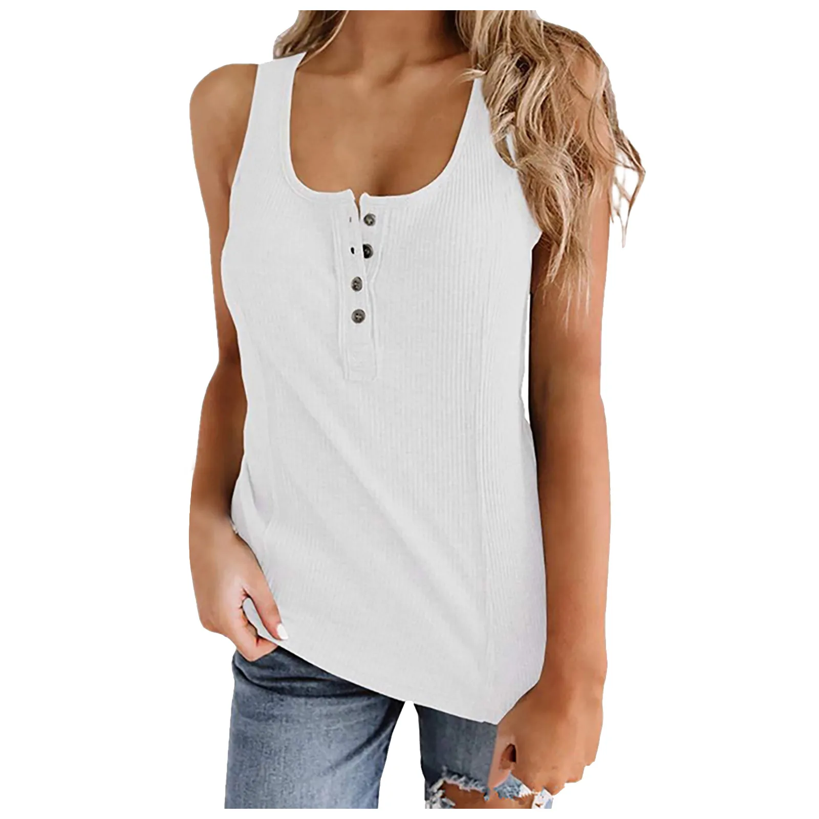 Plus Size Fashion Womens Round Neck Sleeveless Camisole Button Solid Color Vest Blouse Easy Tops  New Fashion Simple Women'S Top