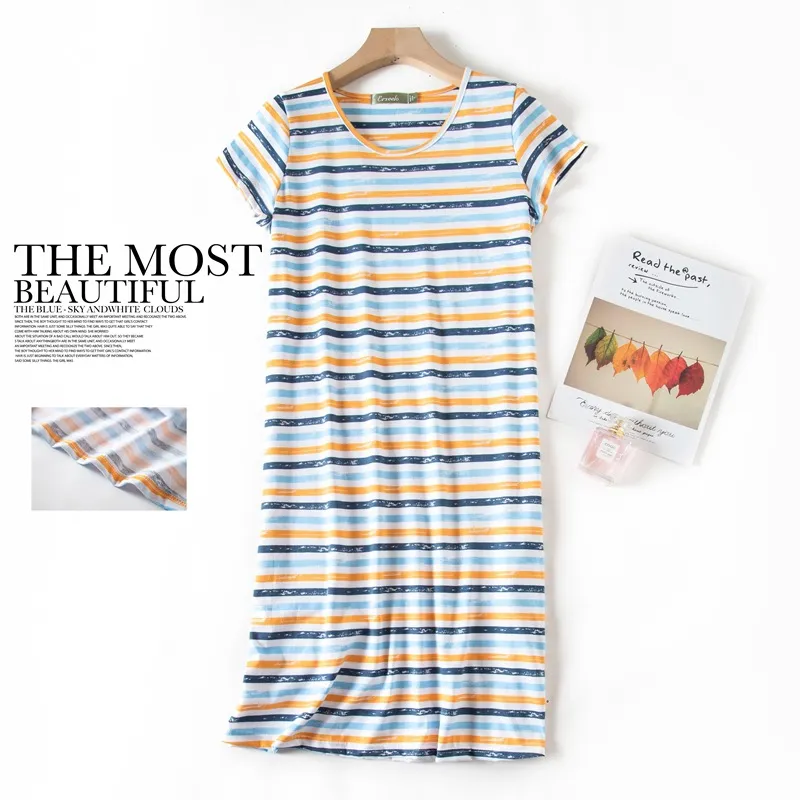 Summer Nightdress Women's Plus Size Cute Cartoon Printed Home Clothes Knitted Cotton Sweet Short-sleeved Round Neck Night Gown