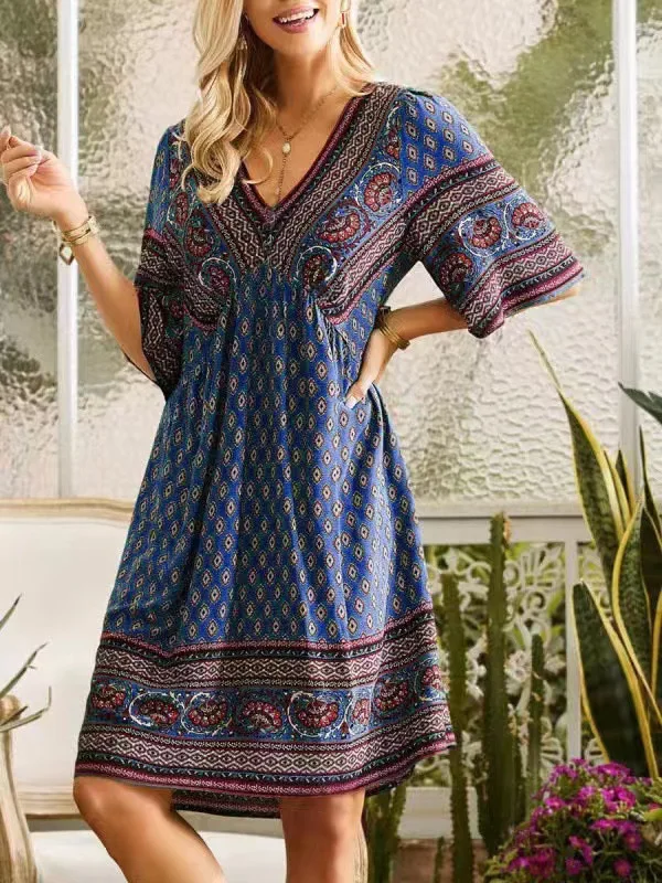 Fashionable Ethnic Style Women's 2023 Summer New Casual Pullover Sexy V-Neck Panel A-Line Dress Plus Size Short Sleeve Dress