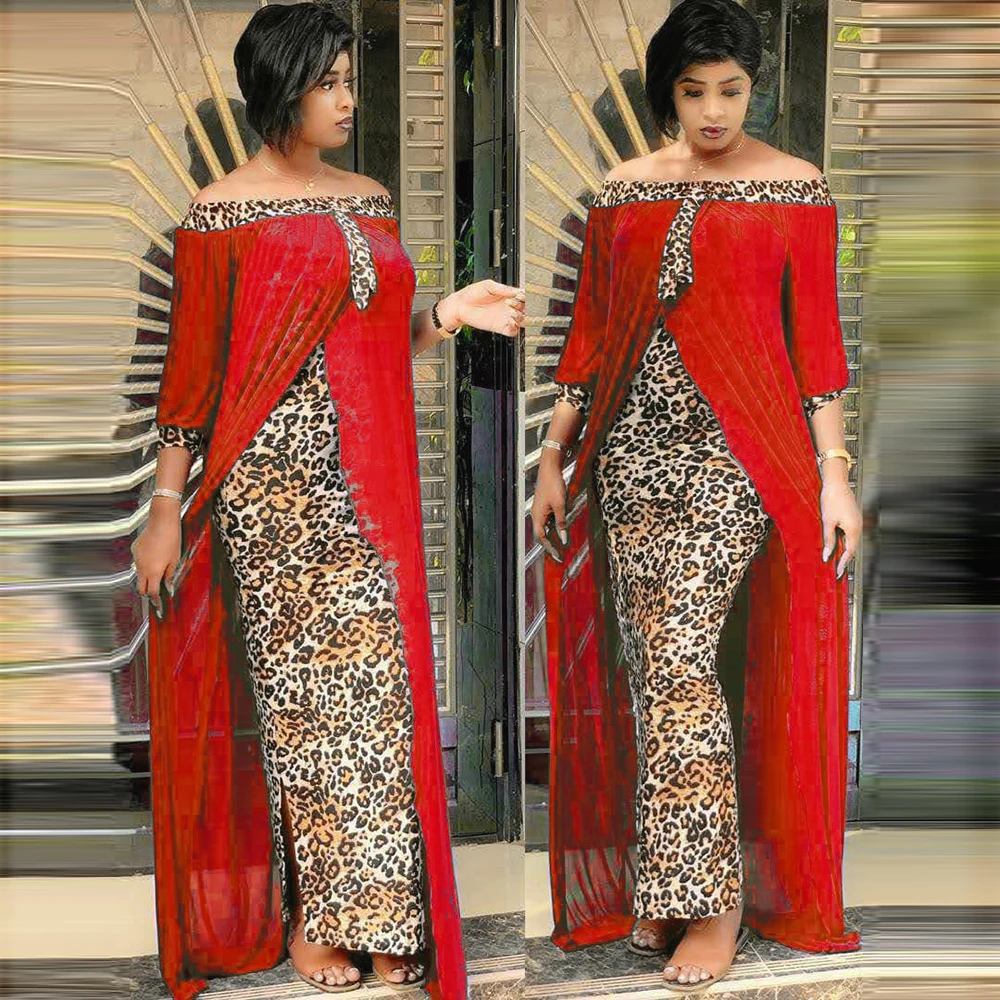 Autumn Sexy Leopard Printed Dashiki African Dresses for Women Party Half Sleeve Slash Neck Femme Robe