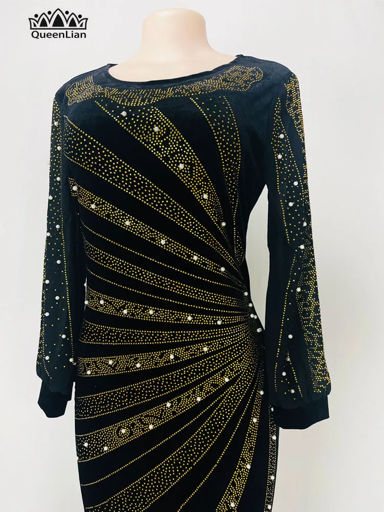 2023 New Design African VeLvet Pearl Diamond Long Tight Dress Big Elastic Material  For Lady(DZ4))