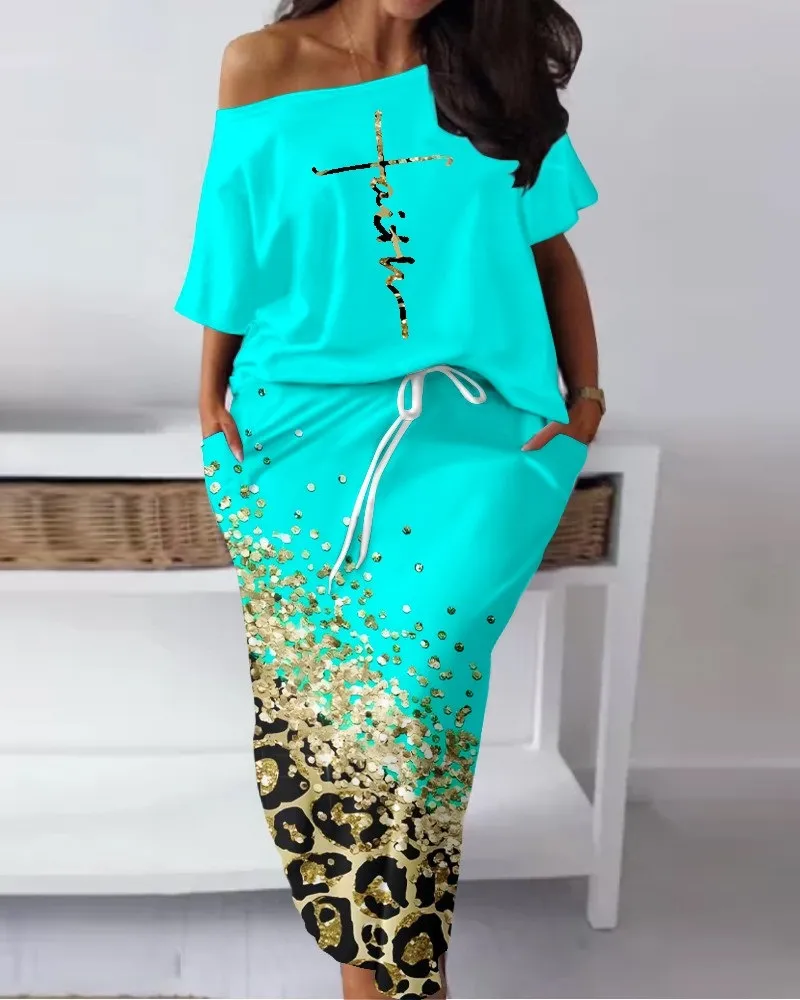 2023 Summer Elegant African Women Half Sleeve Polyester Printing 2pieces Top Long Skirt Matching Sets African Clothes Women