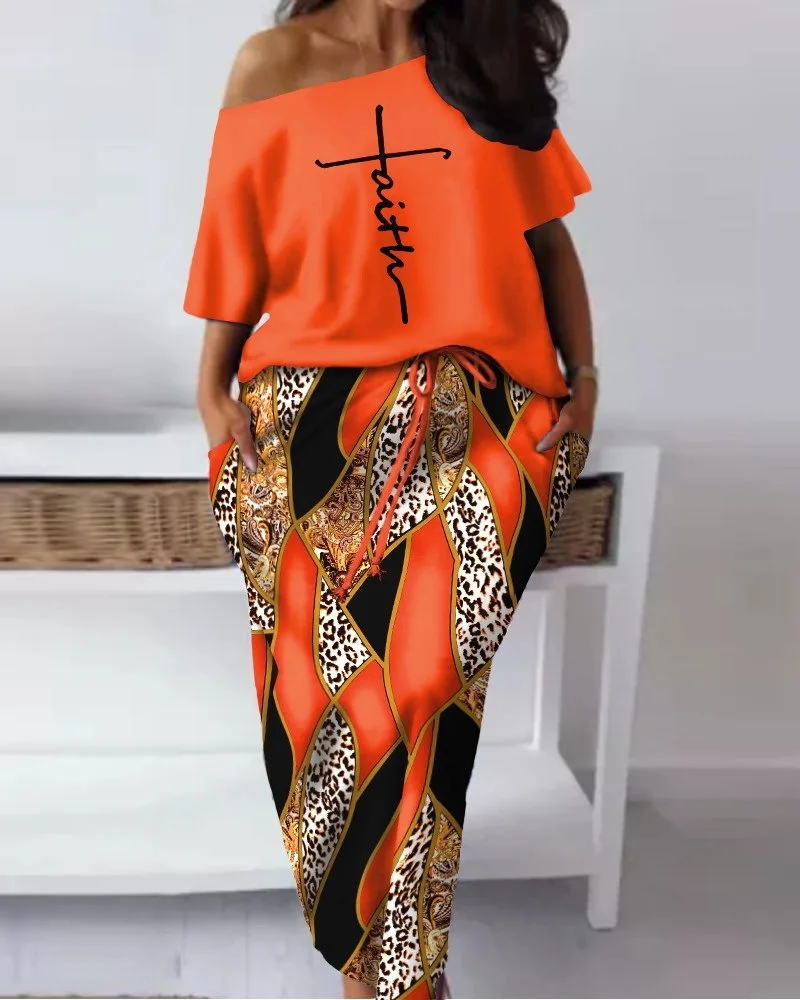 2023 Summer Elegant African Women Half Sleeve Polyester Printing 2pieces Top Long Skirt Matching Sets African Clothes Women