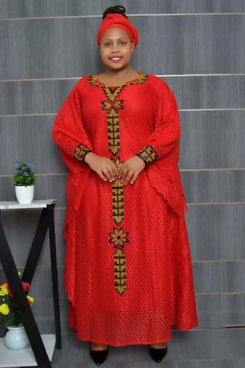 2023 African Dresses for Women Muslim Lace Boubou Dashiki Traditional Africa Clothes Ankara Outfits Evening Gown With Headtie