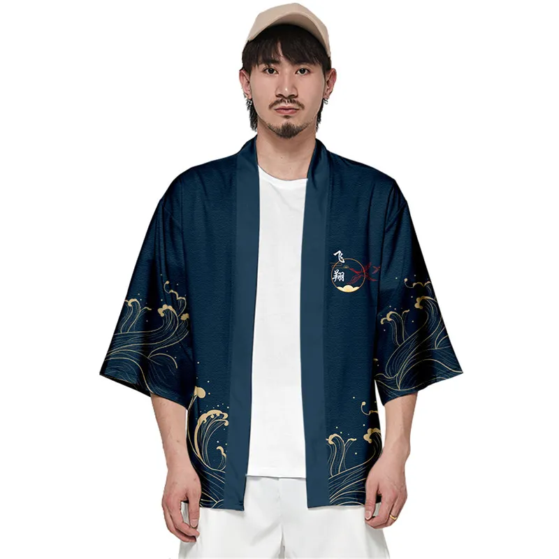 Japanese Traditional Clothing Astronaut Print Kimono Pants Men Retro Yukata Asian Fashion Tang Suit Harajuku Hanfu Yukata Jacket