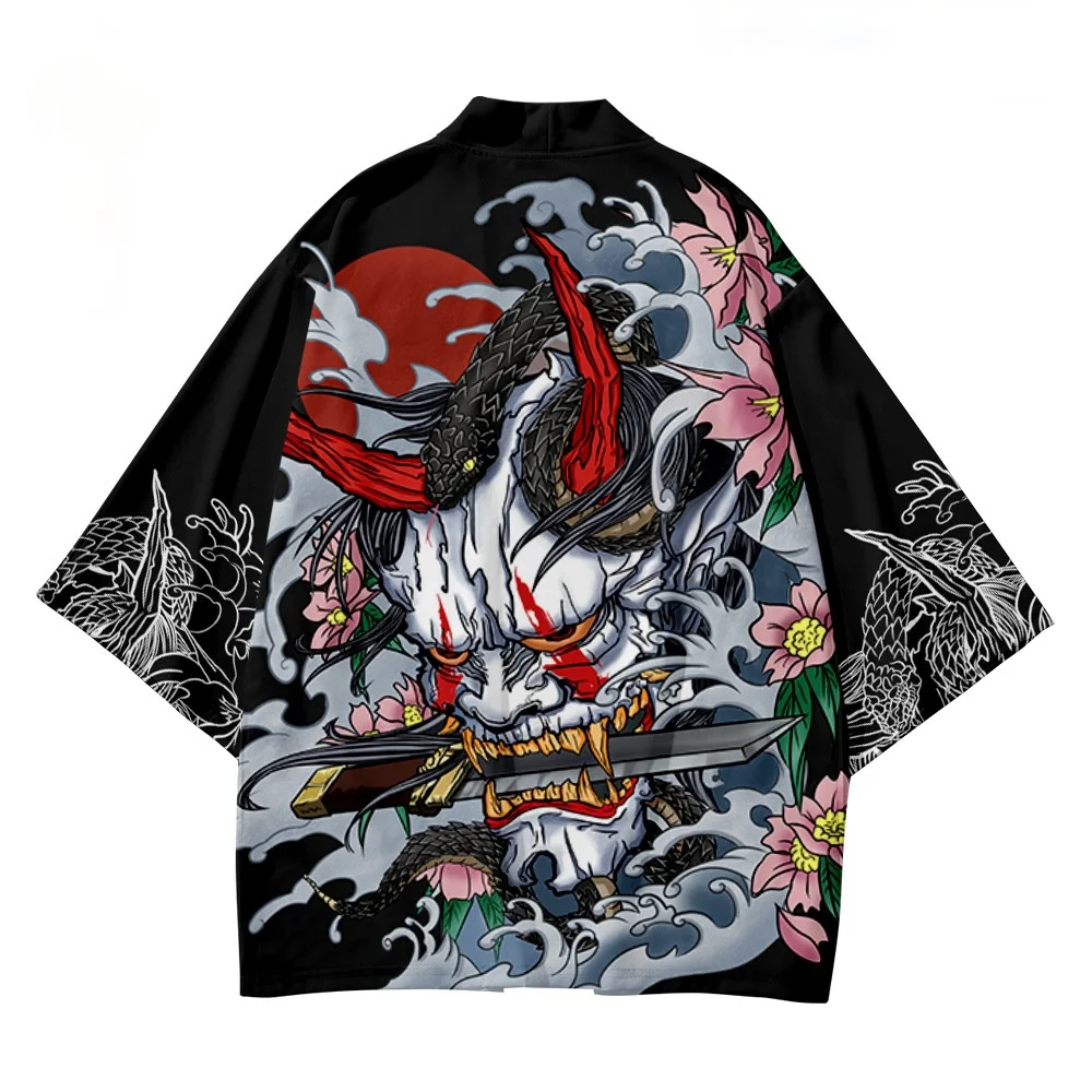 Demon Print Japanese Anime Kimono Asian Clothing - Unique and Striking Fashion Haori Perfect for Cosplay or Dressing Up