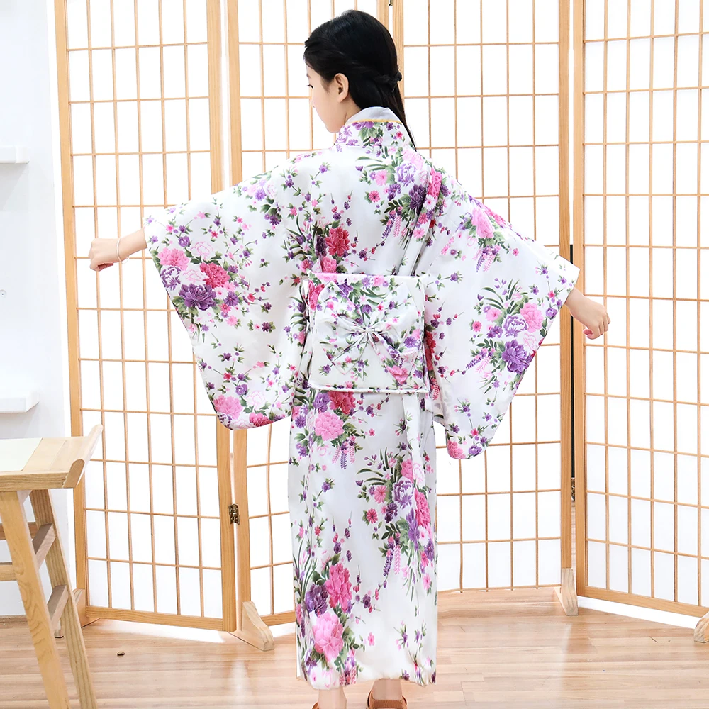 Children Girls Red Japanese Kimono Bathrobe Gown Print Flower Performance Clothing Yukata With Obitage Soft Cosplay Costume