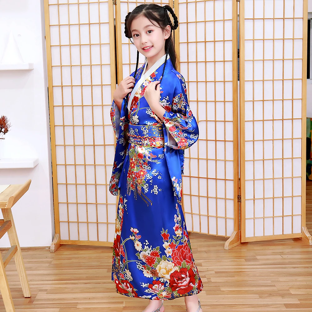 Children Girls Red Japanese Kimono Bathrobe Gown Print Flower Performance Clothing Yukata With Obitage Soft Cosplay Costume