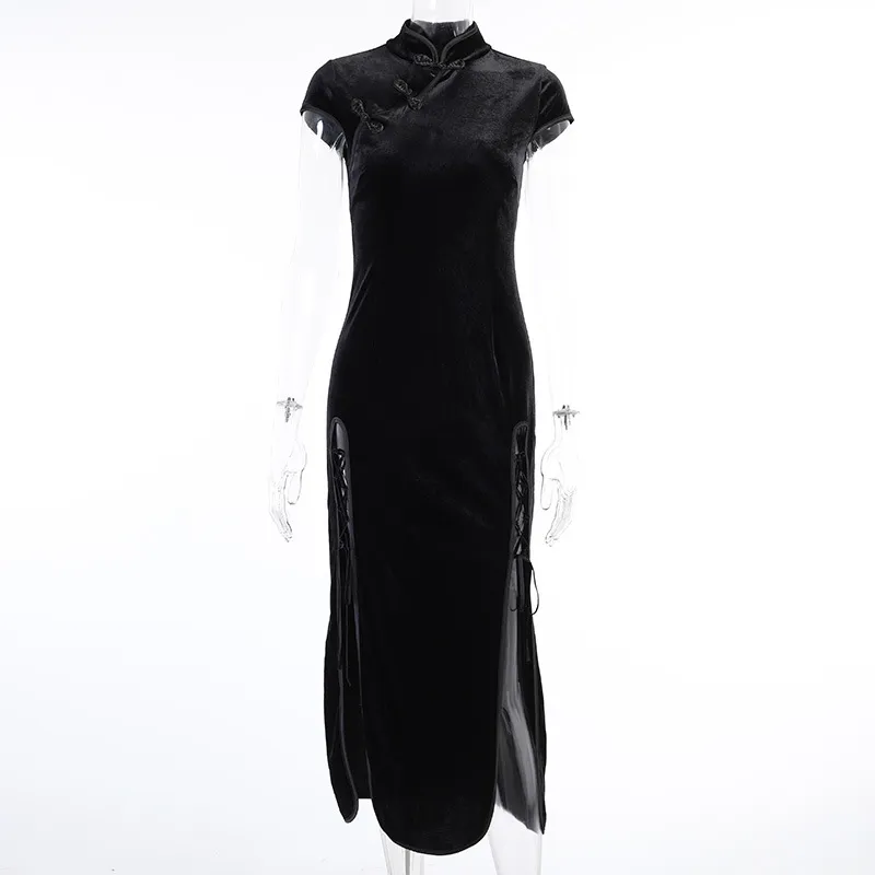 Vintage Black Bandage Chinese Style Cheongsam High Split Velvet Dress Spring 2022 Retro Long Qipao Gothic Women Aesthetic Dress