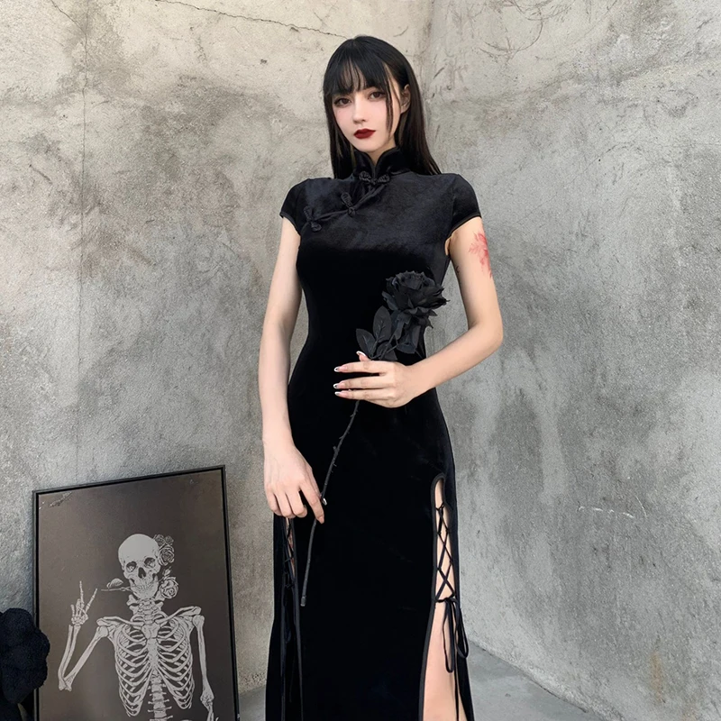 Vintage Black Bandage Chinese Style Cheongsam High Split Velvet Dress Spring 2022 Retro Long Qipao Gothic Women Aesthetic Dress