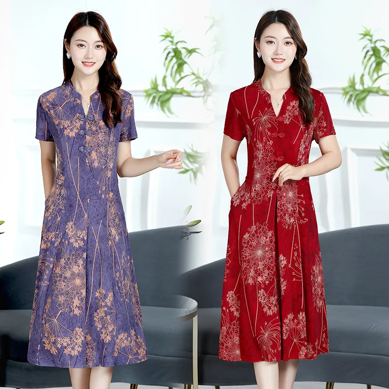 Retro Chinese Improved Cheongsam Ladies Dress Elegant Buckle V-neck  Flower Short Sleeve Midi  Dress for Womens