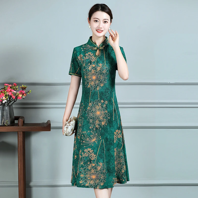 Elegant Summer Chinese Cheongsam Women Modified Dress Vintage Floral Printed Dress Mandarin Collar Female Qipao Dress