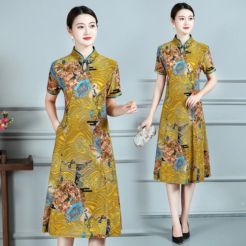 Elegant Summer Chinese Cheongsam Women Modified Dress Vintage Floral Printed Dress Mandarin Collar Female Qipao Dress