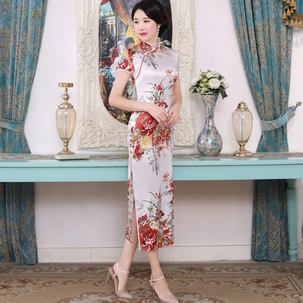 Chinese Traditional Dress Flower Print Elegant Short Sleeve Cheongsam Stand Collar Tight Bodycon Dress Cheongsam Women Dress