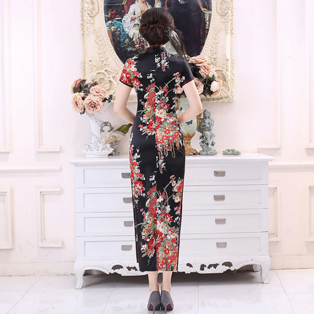 Chinese Traditional Dress Flower Print Elegant Short Sleeve Cheongsam Stand Collar Tight Bodycon Dress Cheongsam Women Dress