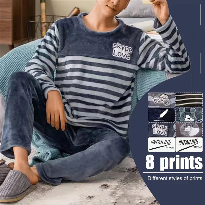 Men Thicken Warm Flannel Pajamas Set Male Long Sleeved Stripe Men'S Autumn Winter Casual Loose Homewear  Men Sleepwear Top