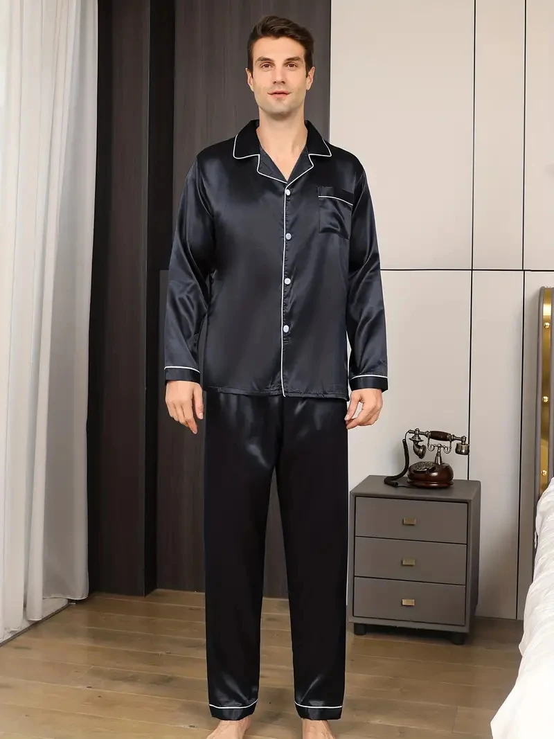 New Men Pajamas Set Silk Satin Sleepwear For Man Shirt Long Sleeve Pijama Male Fashion Soft Loungewear Big Size Winter Nightwear