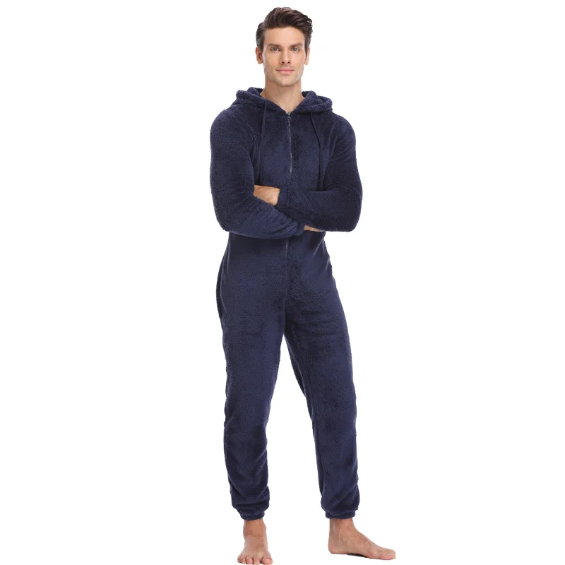 Men Winter Warm Teddy Fleece Stitch Onesie Fluffy Sleepwear One Piece Sleep Lounge Pajama Jumpsuits Hooded Onesies For Adult Men