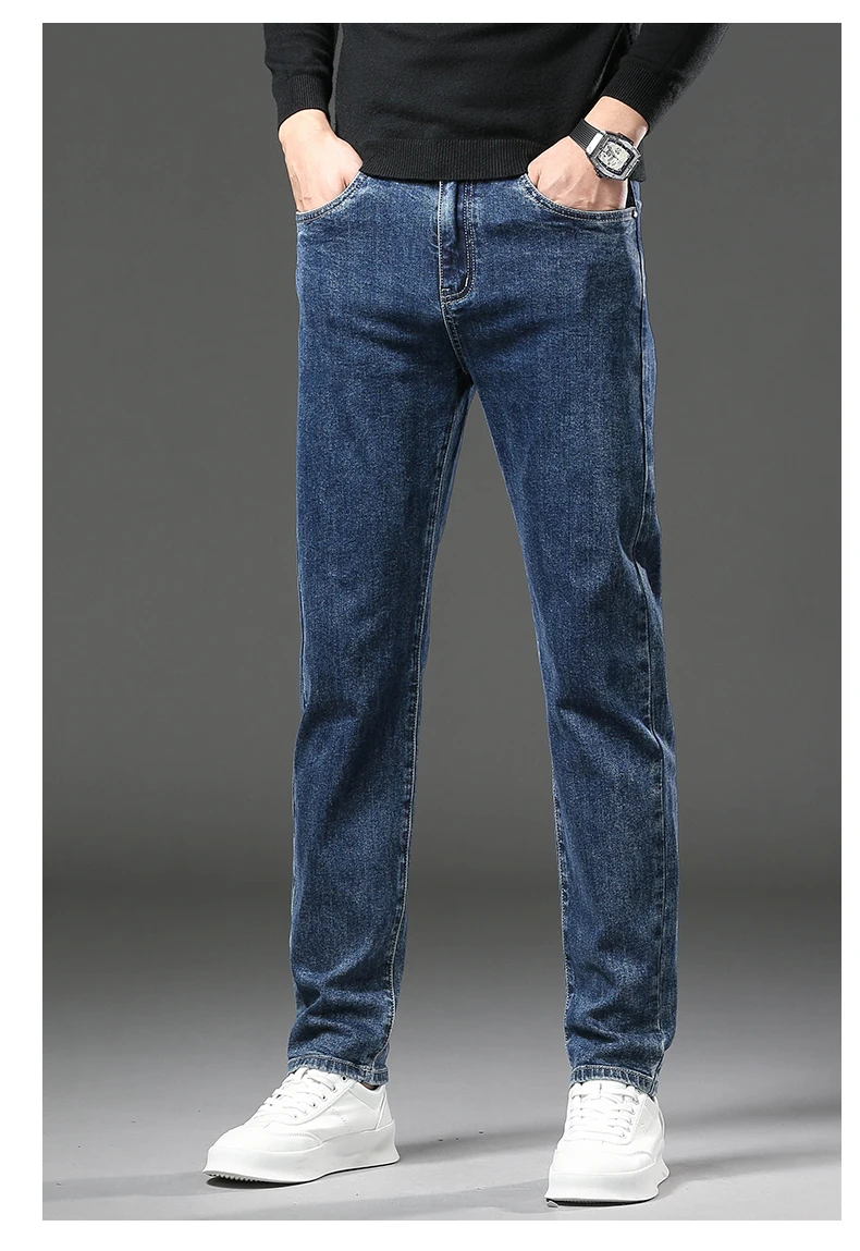 Men's Warm Fleece Jeans Winter New Thick Velvet Slim Fit Business Casual Pants Classic Black Blue Elastic Cotton Denim Pants